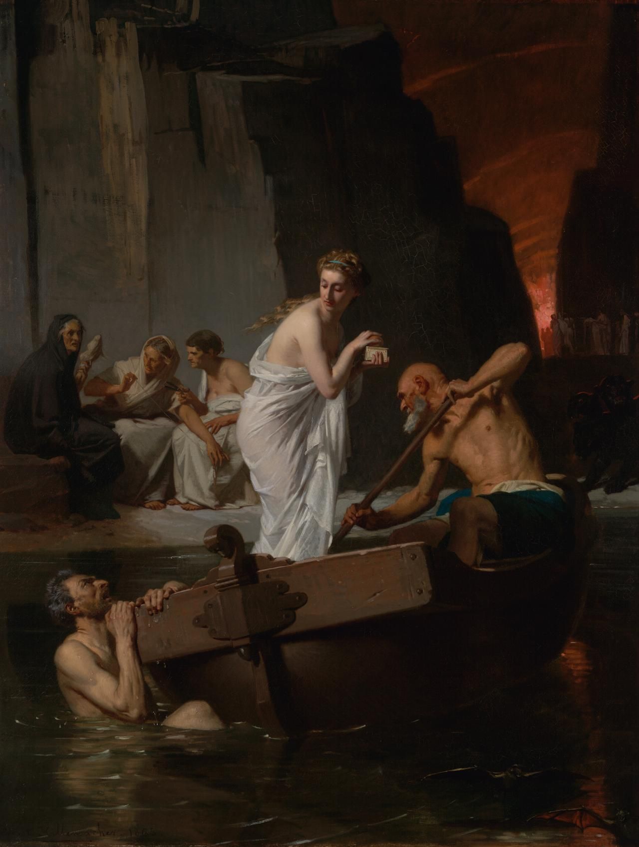 Psyche is on Charon the Ferryman's boat heading to the underworld.