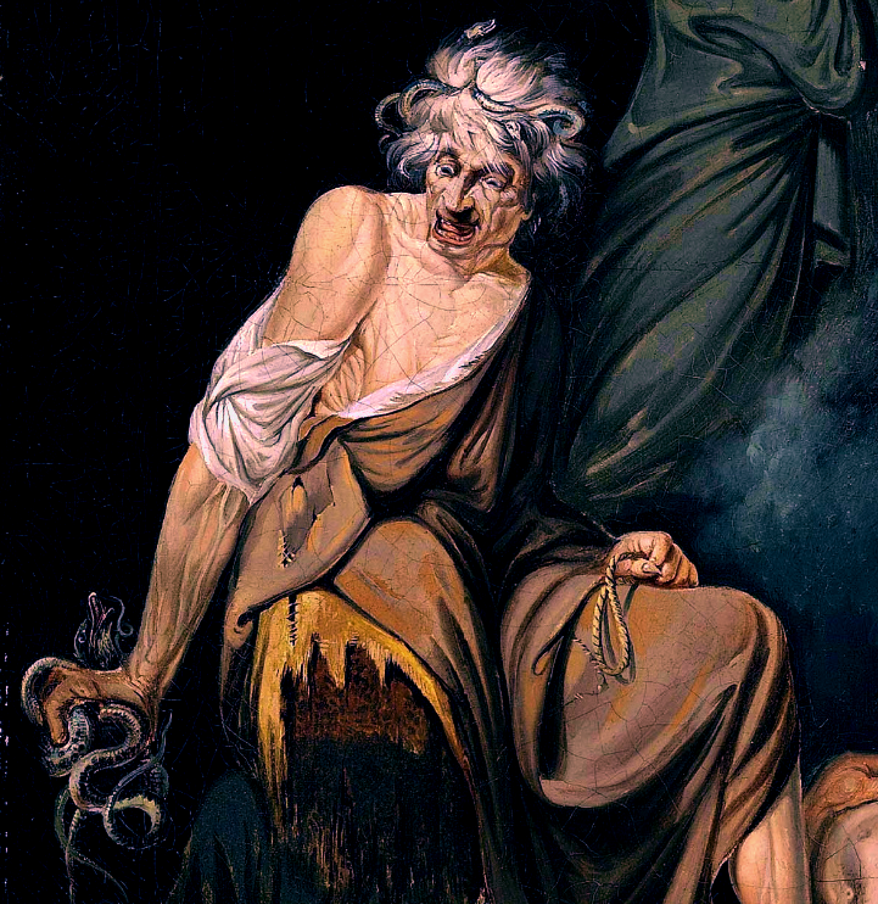 Ghastly painting of Erictho, holding snakes and a noose. She looks to be laughing.